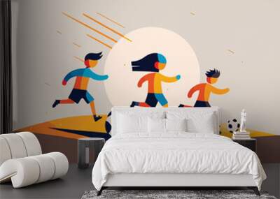 Kids playing football soccer boy girl children kid player in action kicking soccer ball, for a football club or soccer club logo design, isolated flat illustration
 Wall mural