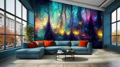 Magical fairy tale forest at night with glowing fairy fireflies lights making a mystical fantasy spooky landscape background Wall mural