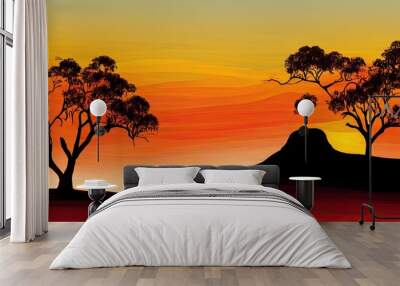 Outback Australia landscape silhouette Down Under, red sandy desert landscape of the australian outback gum trees under an orange, red, yellow sky, Australian Aboriginal Flag colours Wall mural