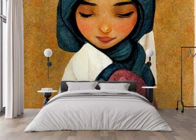 Portrait of a young muslim girl, conceptual cartoon drawing illustration Wall mural