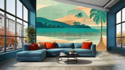 Summer tropical beach island escape. Seaside landscape, nature vacation, ocean or sea seashore. Cartoon illustration Wall mural