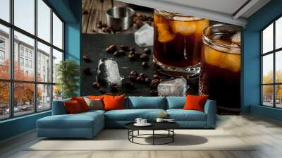 Alcohol. Drinks, Boozy Black Russian cocktail with vodka and coffee liquor on rustic wooden table. copy space Wall mural