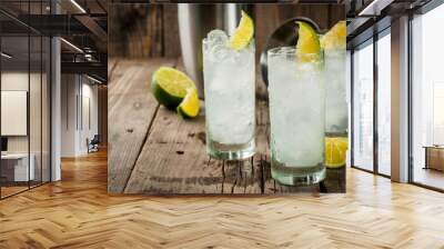 Alcoholic drink. Vodka and tonic highball cocktail with a lime garnish, on an old wooden rustic table. Copy space Wall mural