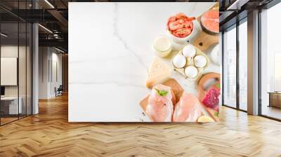 Animal protein sources - raw beef meat steak, chicken breast fillet, salmon fish, eggs, dairy milk, shrimps, cheese, copy space Wall mural