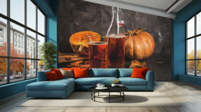 Autumn superfoods. Healthy diet vegan Pumpkin Pie Kombucha with ingredients on black stone table copy space Wall mural