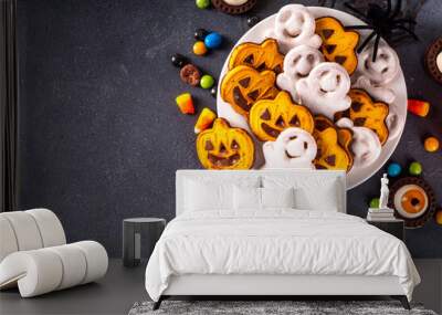 Halloween monster food and snack assortment. Set of funny creative food for children Halloween party, children brunch or breakfast - cookies, healthy and fast food snacks, breakfast cereals, hot dogs Wall mural