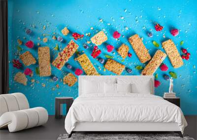 Healthy snack concept,  Cereal granola bars with fresh berries and nuts  Wall mural