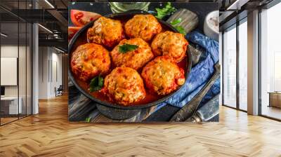 Homemade chicken meatballs in tomato sauce Wall mural