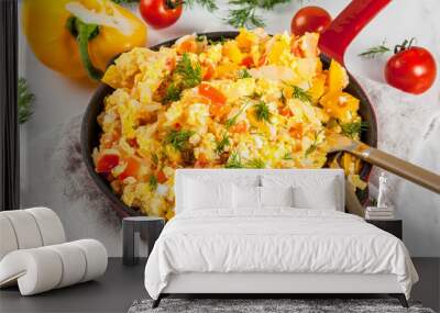 Mexican food recipes, Revoltillo de Huevos, Scrambled Eggs a la Dominicana, in portioned skillet, on white marble table,copy space Wall mural