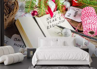 New year resolution concept with different plan and goals, with New year and Christmas decorations, copy space Wall mural