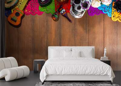 Spanish Mexican traditional holiday, autumn festival Day of the Dead (dia de los muertos) background. With traditional Pan de Muerto bread, decorations and marigold and cempasuchil flowers Wall mural