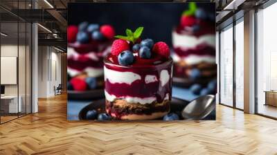 3 layered parfait desserts in jars with raspberries and blueberries editorial photo with dark background Wall mural