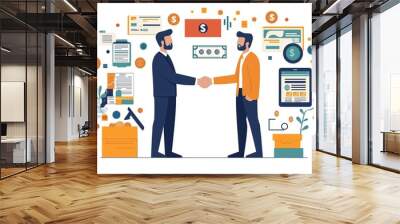 A flat vector illustration of two business people shaking hands with various financial elements like money, documents, and graphs around them on a white background. Wall mural