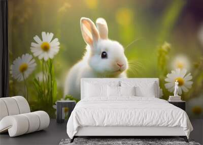 adorable white easter bunny baby in springtime meadow, generative ai Wall mural