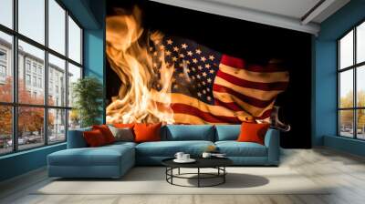 american flag on fire isolated on black background, made with generative ai Wall mural