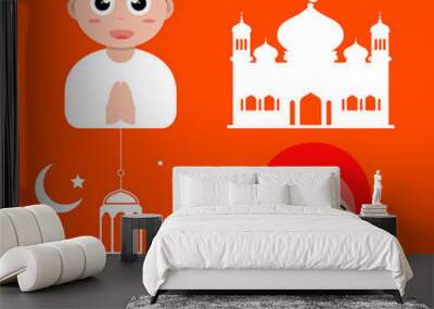 ramadan greeting flat poster illustration with ramadan kareem cartoon character design Wall mural