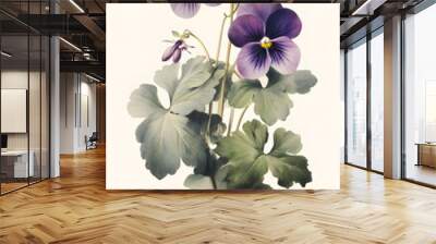 botanical lithograph illustration of viola violet pansy on vintage cream paper, generative ai Wall mural