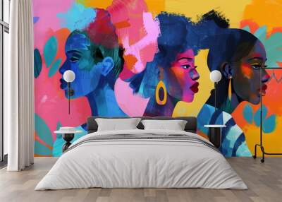 colorful art painting of 3 diverse poc women in a line from side profile view, abstract Wall mural