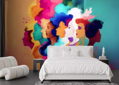 different diverse women standing together, abstract impressionist painting style, generative ai Wall mural