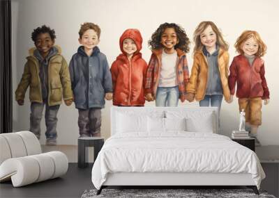 diverse happy kids holding hands in a line, watercolor painting on white background made with generative ai Wall mural