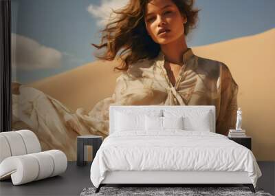 fashion model wearing flowing boho dress in editorial in desert dunes, photoshoot made with generative ai Wall mural