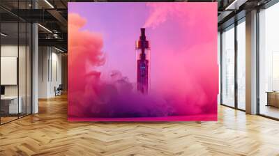 flavored vape surrounded by pink, purple, orange pastel smoke isolated on plain color studio background Wall mural