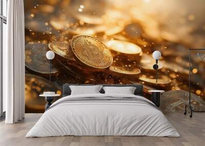 Gold coins scattered on the ground, a golden background Wall mural