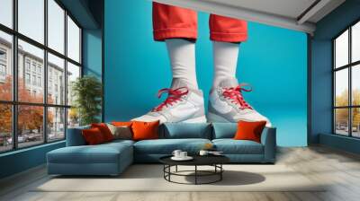 legs and feet wearing white sneakers and rolled up red trousers isolated on plain blue studio background, made with generative ai Wall mural