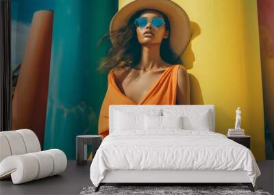 model wearing orange draped dress, hat and sunglasses in sun with colored pipe background, summer fashion editorial made with generative ai Wall mural