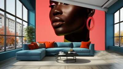 poc woman model wearing fluro yellow editorial fashion shoot on plain neon pink studio background Wall mural