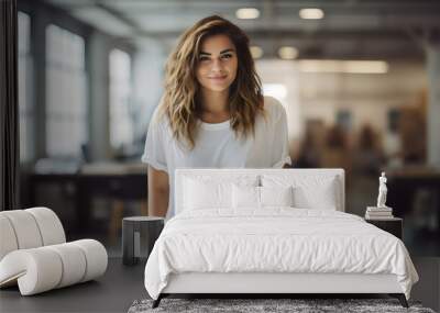 portrait of creative young woman at work wearing a white tshirt and jeans smiling to camera in casual office	 Wall mural