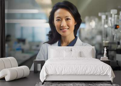 portrait of female asian pharmacist smiling wearing white coat in chemist shop Wall mural