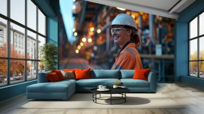 portrait of smiling female engineer on site wearing hard hat, high vis vest, and pp with machinery in background
 Wall mural