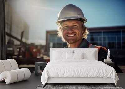 portrait of smiling male engineer on site wearing hard hat in sunshine, high vis vest, and ppe	 Wall mural