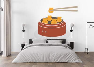 Ready-to-eat dumpling dim sum chinese food illustration logo with chopsticks Wall mural