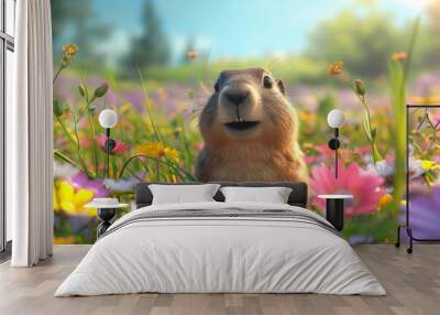 smiling groundhog pops out of hole in flower meadow on groundhog day Wall mural