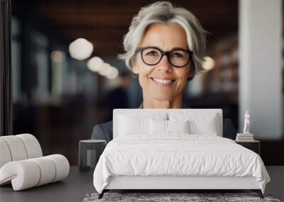 smiling woman with short gray hair and glasses in office portrait wearing white tshirt and jacket Wall mural