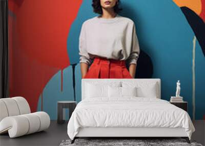 trendy female artist standing in front of giant graphic painting artwork, fashionable creative in studio Wall mural