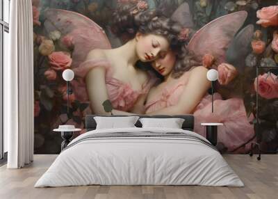 two beautiful nymph fairies in pink flowing dresses with wings laying in roses, renaissance style oil painting Wall mural