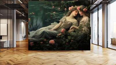 two beautiful nymph women laying together in roses by a lake, renaissance style oil painting Wall mural