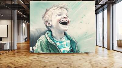 watercolor of happy blonde boy using wheelchair, made with generative ai Wall mural