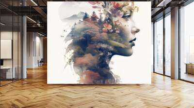 woman double exposure with flower isolated on white plain background made with generative ai Wall mural