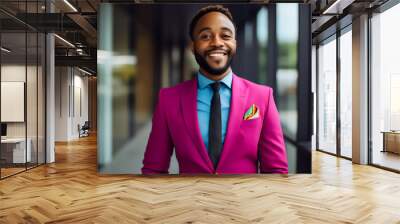 work portrait of happy poc black man wearing colorful pink business suit in office environment Wall mural