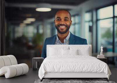 work portrait of happy poc black man wearing light blue business suit in office environment Wall mural