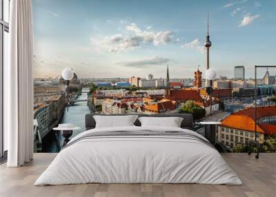 Berlin skyline panorama with TV tower and Spree river at sunset, Berlin, Germany Wall mural