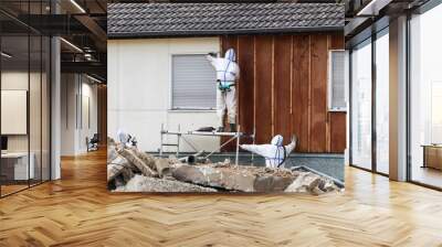 Professionals in protective suits remove asbestos on a wall Wall mural