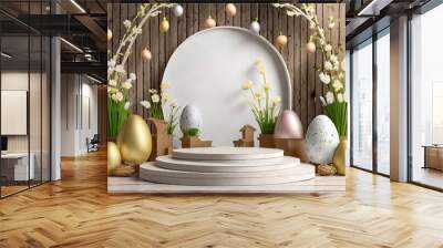 Easter background with round podium and easter ornaments Wall mural