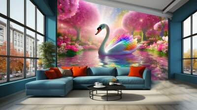 Illustration of cute rainbow swan on the beautiful garden Wall mural