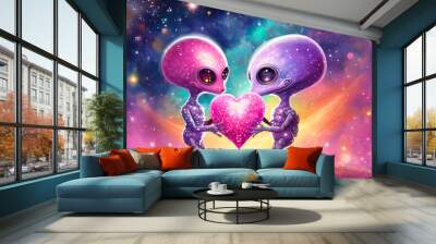 Valentines day background with two alien holding a heart in their hands Wall mural