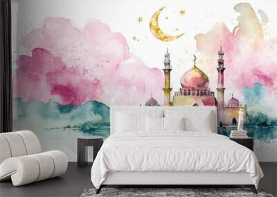 Watercolor illustration of Ramadan Kareem with mosque and crescent moon Wall mural